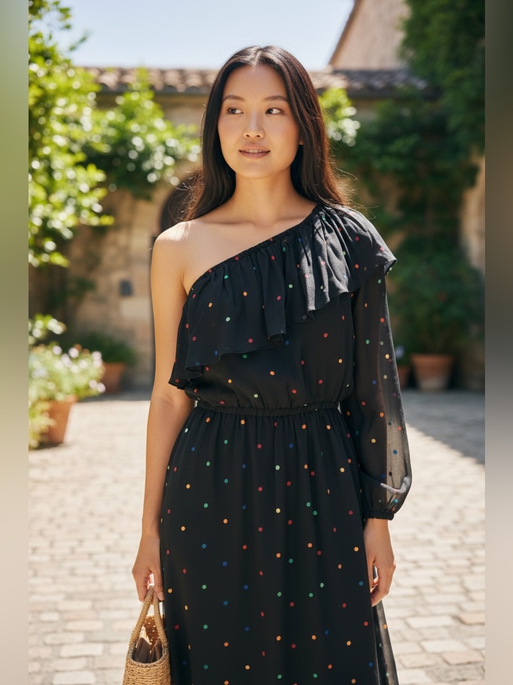 FARM Rio Black Polka Dot Asymmetrical One-Shoulder Dress